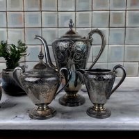 Vintage Wilcox International Silver Plated Coffee Set, Paisley Pattern, 7032, Coffee Pot, Creamer and Sugar