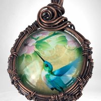 Copper Wire Wrapped Hummingbird Pendant | Blue Hummingbird & Pink Flowers | Picture Cabochon | Unique Gift
