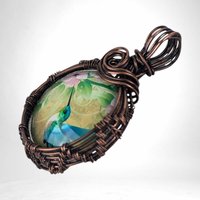 Copper Wire Wrapped Hummingbird Pendant | Blue Hummingbird & Pink Flowers | Picture Cabochon | Unique Gift