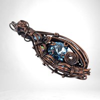 Handmade Copper Wire Wrapped Pendant with Blue Crystal, Blue Rivoli Crystal Jewelry, Artisan Pendant, Statement Pendant, Gift for Her