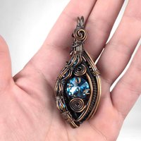 Handmade Copper Wire Wrapped Pendant with Blue Crystal, Blue Rivoli Crystal Jewelry, Artisan Pendant, Statement Pendant, Gift for Her