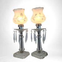 Vintage Pair of Glass Boudoir Lamps with Crystals | Romantic Bedroom Lighting | Bedside Table Lamps