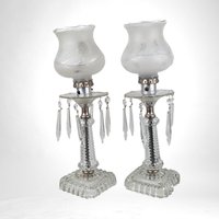 Vintage Pair of Glass Boudoir Lamps with Crystals | Romantic Bedroom Lighting | Bedside Table Lamps