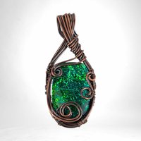 Handmade Copper Wire Wrapped Immitation Opal Glass Pendant, One-of-a-Kind Artisan Jewelry, Antiqued & Polished, Boho Statement