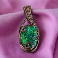 Handmade Copper Wire Wrapped Immitation Opal Glass Pendant, One-of-a-Kind Artisan Jewelry, Antiqued & Polished, Boho Statement
