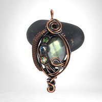Handmade Copper Wire Wrapped Checkered Labradorite Pendant with Crystals, Unique Crystal Jewelry, Gift Idea