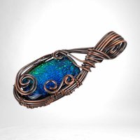 Handmade Copper Wire Wrapped Immitation Opal Glass Pendant, One-of-a-Kind Artisan Jewelry, Antiqued & Polished, Boho Statement
