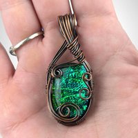 Handmade Copper Wire Wrapped Immitation Opal Glass Pendant, One-of-a-Kind Artisan Jewelry, Antiqued & Polished, Boho Statement