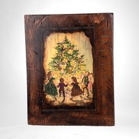 Vintage Wooden Plaque with Christmas Scene | Rustic Holiday Decor | Wall Hanging | 8 1/2" x 6 1/2"