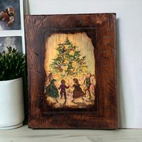 Vintage Wooden Plaque with Christmas Scene | Rustic Holiday Decor | Wall Hanging | 8 1/2" x 6 1/2"