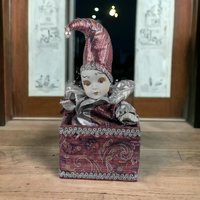 Whimsical Vintage Jester Music Box, Porcelain Face & Hands, 9" Tall, Animated