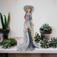 Vintage Porcelain Victorian Tassel Doll, Blue Dress, Umbrella, Hat, Display Doll, Dresser Doll, Gift for Doll Collector