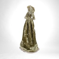 Vintage Porcelain Victorian Tassel Doll with Olive Green Dress and Umbrella - Collectible Figurine for Home Decor, Dresser Decor