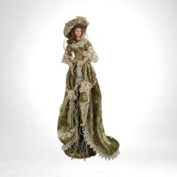 Vintage Porcelain Victorian Tassel Doll with Olive Green Dress and Umbrella - Collectible Figurine for Home Decor, Dresser Decor