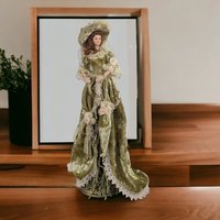 Vintage Porcelain Victorian Tassel Doll with Olive Green Dress and Umbrella - Collectible Figurine for Home Decor, Dresser Decor