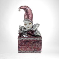 Whimsical Vintage Jester Music Box, Porcelain Face & Hands, 9" Tall, Animated