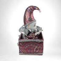 Whimsical Vintage Jester Music Box, Porcelain Face & Hands, 9" Tall, Animated