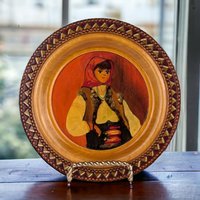 Vintage Romanian Handpainted Wooden Plate, Wall Decor, Folk Art, Collectible Plate, Traditional Romanian Design, 7 inches