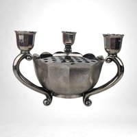 Pair of Vintage Italian Silver Tone Flower Bowl Candle Holder Centerpiece with Flower Frog