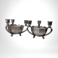 Pair of Vintage Italian Silver Tone Flower Bowl Candle Holder Centerpiece with Flower Frog