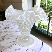 Vintage Fenton Moonstone Hobnail Vase | Opalescent Milk Glass | Ruffled Vase | Vintage Glassware | 5.5 Inches