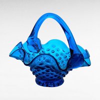 Fenton Blue Hobnail Glass Basket | Vintage Candy Dish | Ruffled Edge | Collectible Glassware