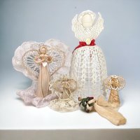 Collection of 5 Vintage Fiber Angels, Handmade Christmas Ornaments, Rustic Angel Decor, Lace and Straw Angels