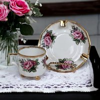 Vintage Victoria Ceramics Ashtray and Cup Set, Pink Roses, Gold Accents, Porcelain, Collectible, Vanity Set