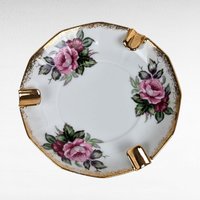 Vintage Victoria Ceramics Ashtray and Cup Set, Pink Roses, Gold Accents, Porcelain, Collectible, Vanity Set