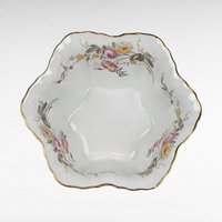 Vintage German Porcelain Serving Bowl, Floral Design, Gold Rim, 8 Inches Wide, White with Pink and Yellow Roses