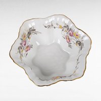 Vintage German Porcelain Serving Bowl, Floral Design, Gold Rim, 8 Inches Wide, White with Pink and Yellow Roses