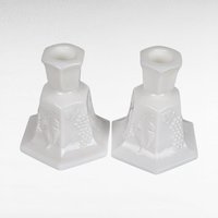 Vintage Fostoria Milk Glass Candle Holders, Pair, Grape Pattern, 4.25 Inches - Mid-Century Modern