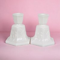 Vintage Fostoria Milk Glass Candle Holders, Pair, Grape Pattern, 4.25 Inches - Mid-Century Modern