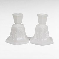 Vintage Fostoria Milk Glass Candle Holders, Pair, Grape Pattern, 4.25 Inches - Mid-Century Modern