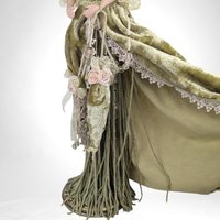 Vintage Porcelain Victorian Tassel Doll with Olive Green Dress and Umbrella - Collectible Figurine for Home Decor, Dresser Decor