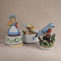 Vintage Spring Music Boxes & Bluebird Figurine | Porcelain Girl with Cat, Bisque Birds, Ceramic Bluebird | Decorative Collectibles