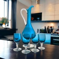 Vintage Blue Art Glass Decanter Set, 4 Cordial Glasses, 12 Inches Tall, Mid-Century Modern Barware, Cobalt Blue Glassware