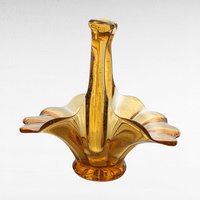 Vintage Amber Art Glass Basket | Hand Blown Glass Candy Dish | Mid Century Modern Decor