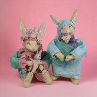 Silvestri Bunny Figurines | Pair of Paper Mache Bunnies | Vintage Easter Decor | Whimsical Rabbit Figures | Collectible Bunnies