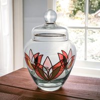 Lotus Art Glass Jar, Lidded Glass Jar, Hand-Painted Glass Jar, Floral Glass Jar, Vintage Glassware, Home Decor