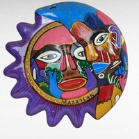 Mexican Folk Art Sun and Moon Wall Hanging, Terracotta, Hand-Painted, 9 Inches, Boho Decor, Southwestern Decor