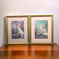 1930s Framed Prints Little Girls, "Song of the Bluebird" & "Song of the Lark," Vintage Children's Wall Art