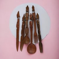 Hand Carved Tribal Wooden Utensils, African Art, Decorative Utensils, Wall Decor, Set of 6