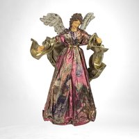 Vintage Angel Tree Topper, 9.5" Floral Fabric Angel, Christmas Angel Treetop, Holiday Decor, Gold Angel, Pink and Purple Angel