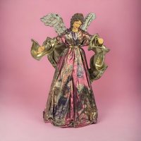 Vintage Angel Tree Topper, 9.5" Floral Fabric Angel, Christmas Angel Treetop, Holiday Decor, Gold Angel, Pink and Purple Angel