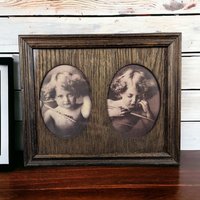 Vintage Framed Cherub Print | Angel Asleep | Angel Awake Picture | Double Oval Frame | Wall Decor | 11.5x9.5 Inches