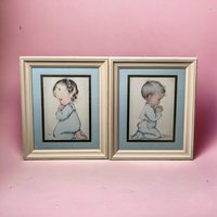 Vintage Charlot Byj Children Praying Prints | Framed Nursery Art | Religious Art | Christian Decor | 12.5 x 10.75 Inch