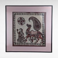 Vintage Framed Painting | Indian Folk Art | Tribal Art | Textile Art | Wall Decor | Camel and Traveler | 15.5"