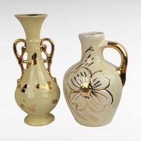 Vintage Yellow Ceramic Bud Vases - Art Deco Trio & MCM Pitcher Vase - Gold Accents