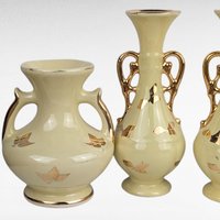 Vintage Yellow Ceramic Bud Vases - Art Deco Trio & MCM Pitcher Vase - Gold Accents